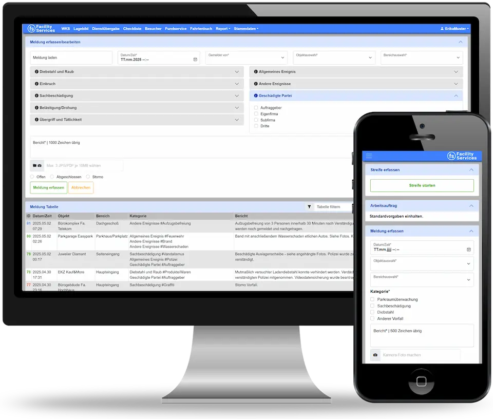 Screenshot der facility-services.net Software (SaaS) für Reinigungsfirmen aus Österreich und Deutschland auf einem Laptop und Smartphone