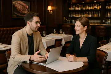 Webdesign-Beratung zwischen Webdesigner und Kunde für die Gastronomie, der eine professionelle SEO-starke Website erstellen lassen möchte