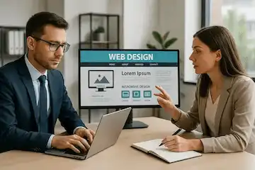 Webdesign-Beratung zwischen Webdesigner und Kunde, der eine professionelle SEO-starke Website erstellen lassen möchte