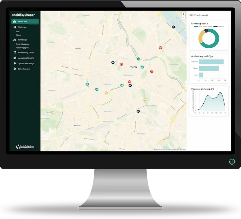 MobilityShaper zeigt eine Live-GBFS-Karte mit Echtzeit-Mobilitätsdaten zu E-Scootern und Fahrrädern und Autos und dazugehörige Statistiken.