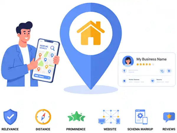 Eine Grafik, die Local SEO und GBP mit Local Map Pack darstellt.