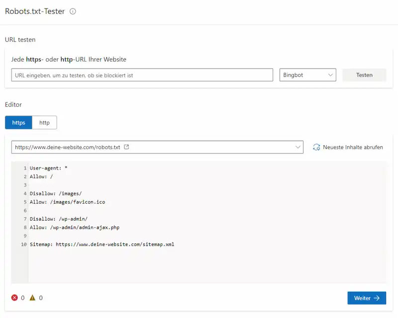 Screenshot des Bing Webmaster Tools Robots.txt-Testers, der zeigt, wie man eine URL auf Blockaden überprüft.