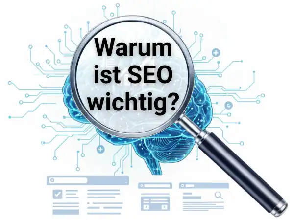 Grafik über SEO Kosten und Preise 2025 mit einer Lupe über abstraktem kognitiven Up-Ranking