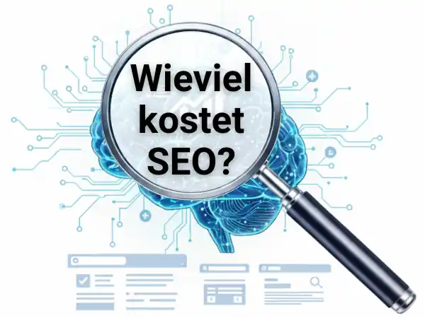 Grafik über SEO Kosten und Preise 2025 mit einer Lupe über abstraktem kognitiven Up-Ranking