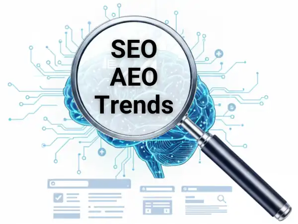 Grafik über SEO und AEO Trend 2025 mit einer Lupe über abstraktem kognitiven Up-Ranking