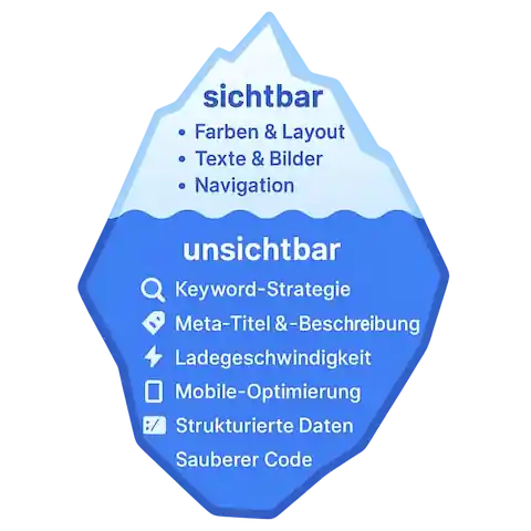Eisberg-Metapher: Sichtbares Webdesign vs. unsichtbares, aber entscheidendes SEO und Technik.